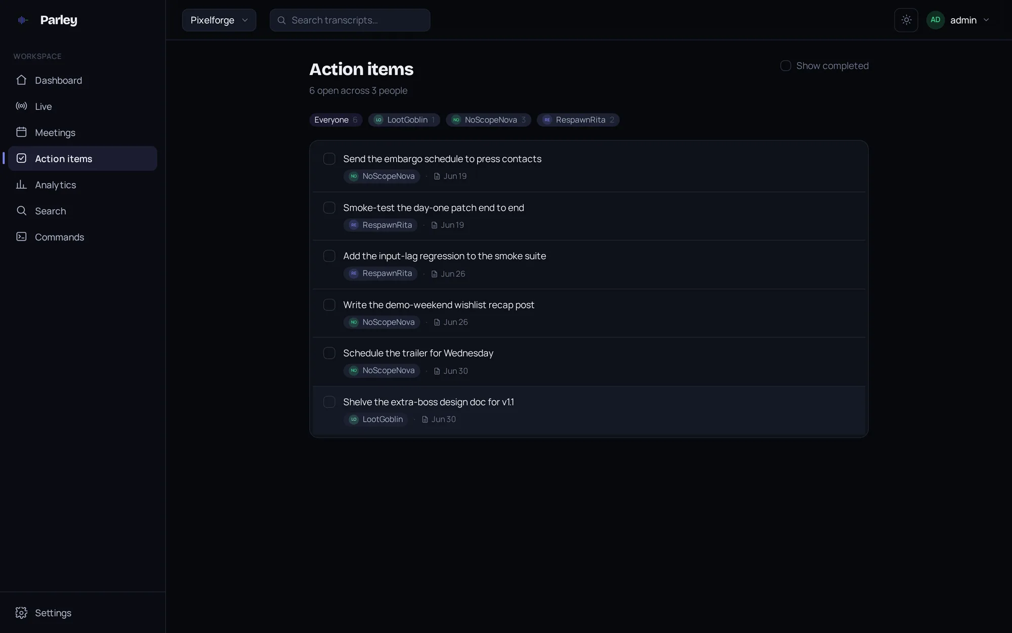 Parley action items: a checklist of open tasks filtered by assignee.
