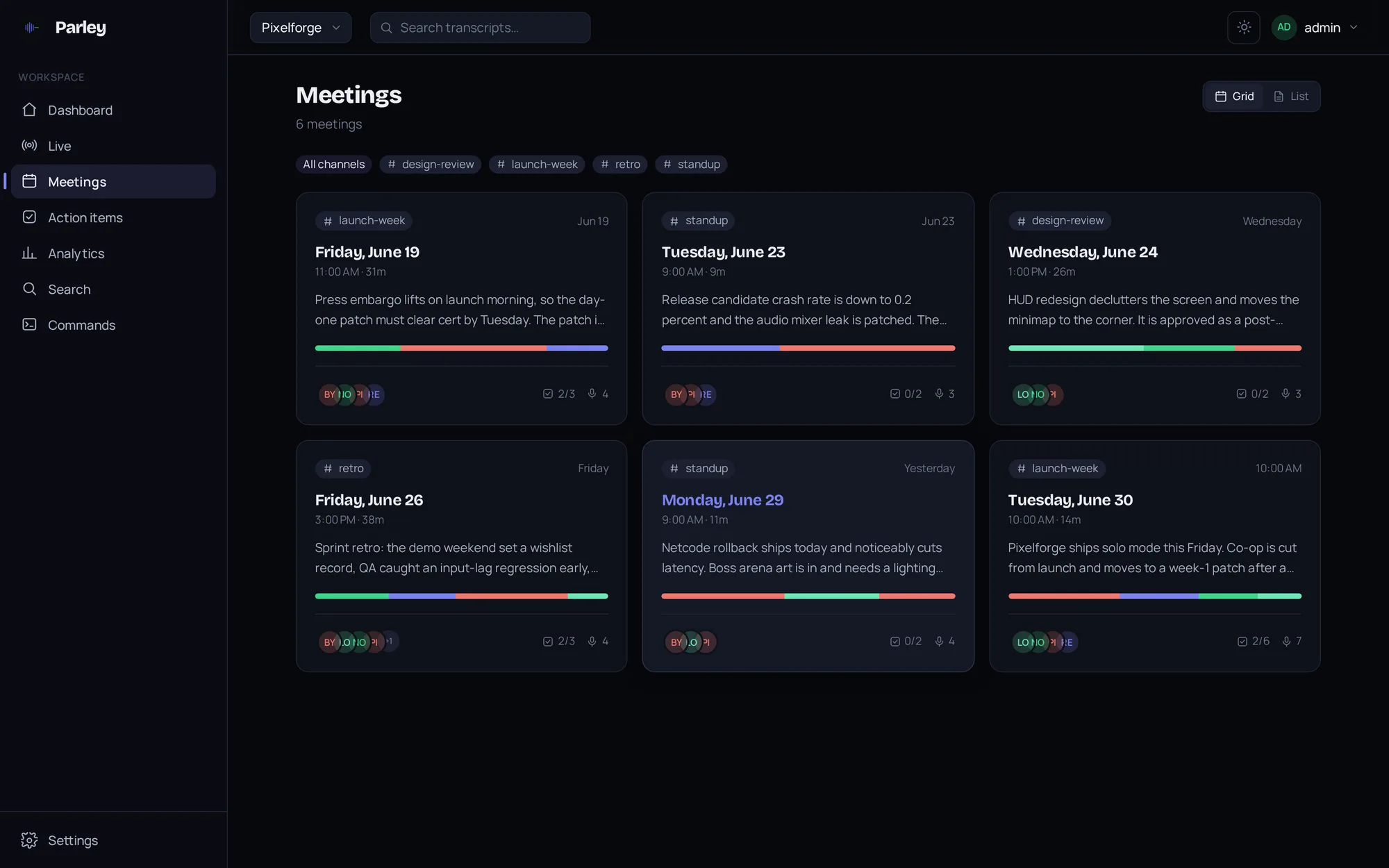 Parley meetings grid: each card shows the channel, date, a TL;DR, a talk-time bar, attendees, and action-item counts.