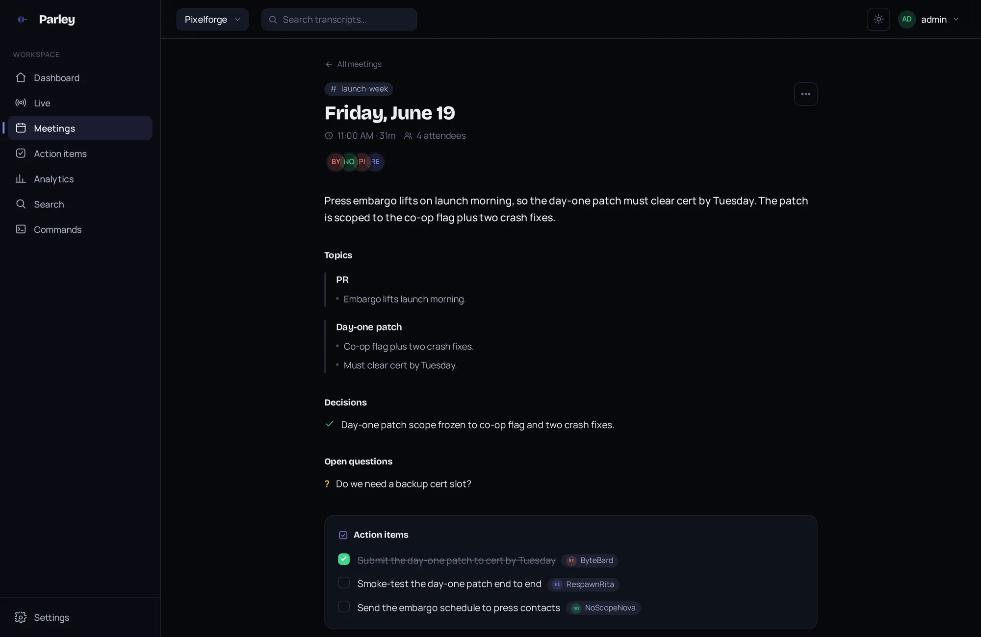 A single meeting: TL;DR, topics, decisions, open questions, and action items grouped by person.