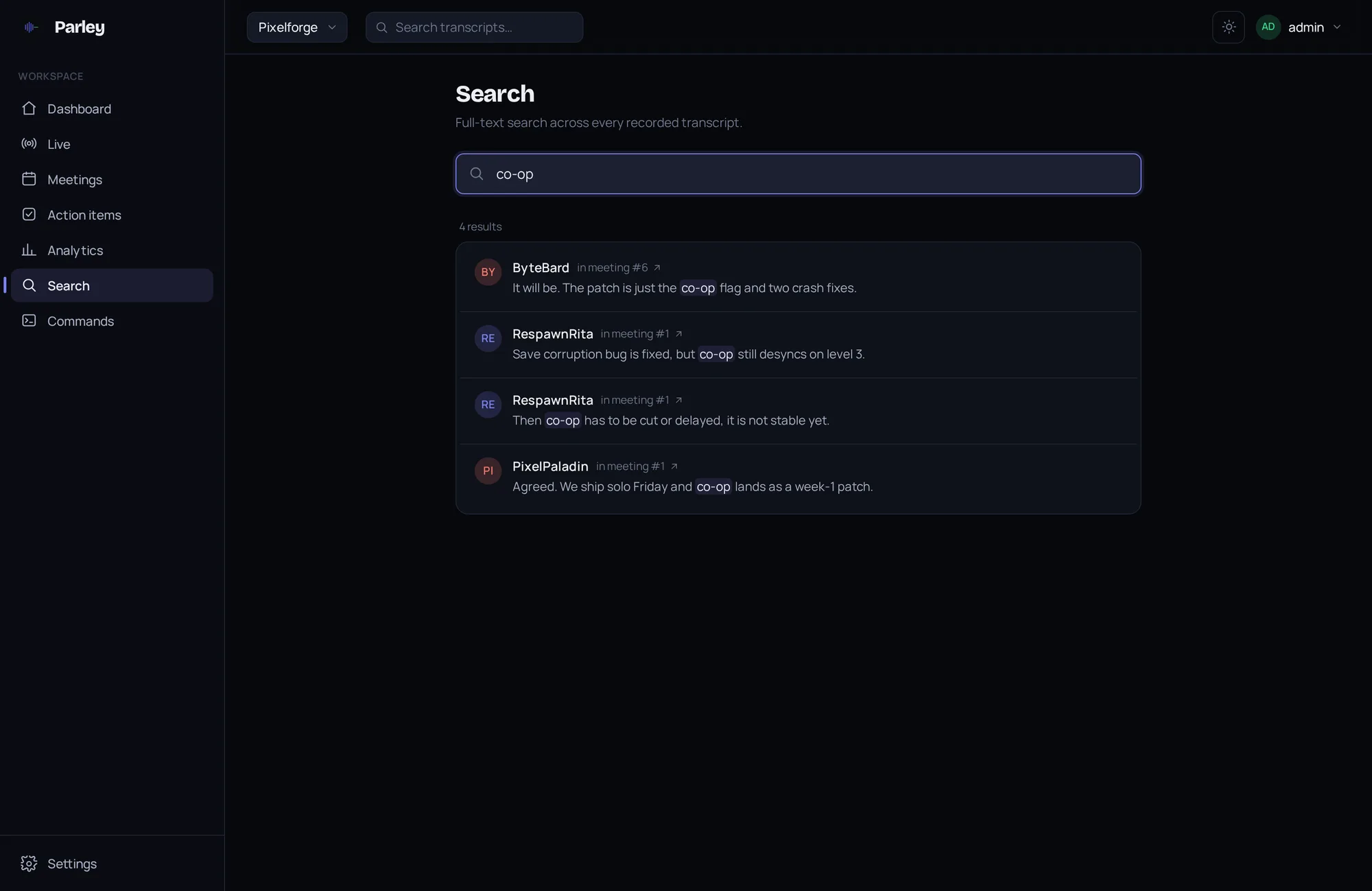 Parley full-text search: results for "co-op" with the matched phrase highlighted, linking to each meeting.
